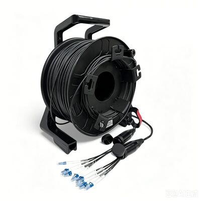 Kualitas  150M Tac Fiber TPU Armord Tactical Fiber Single-Mode 4/6/8/12 Strands Cable on Reel with SC LC ST Connectors for Live Streaming pabrik